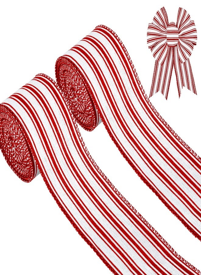Whaline 2 Rolls Christmas Wired Edge Ribbon Christmas White Red Striped Fabric Ribbon Farmhouse Craft Ribbon for DIY Gift Wrapping Wreath Floral Arrangement Bow Decoration,2.5 Inch x 12 Yard - Image 1